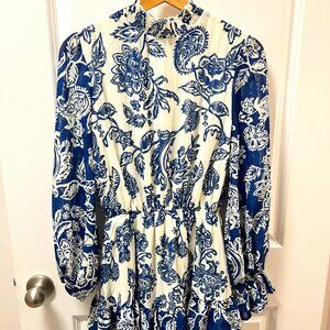 Lillys Kloset Blue and Off-White Ruffle Long Sleeve Mini Dress Size S